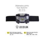LED headlamp, lithium USB rechargeable. 3 light modes. 120 lum. On/off sensor.