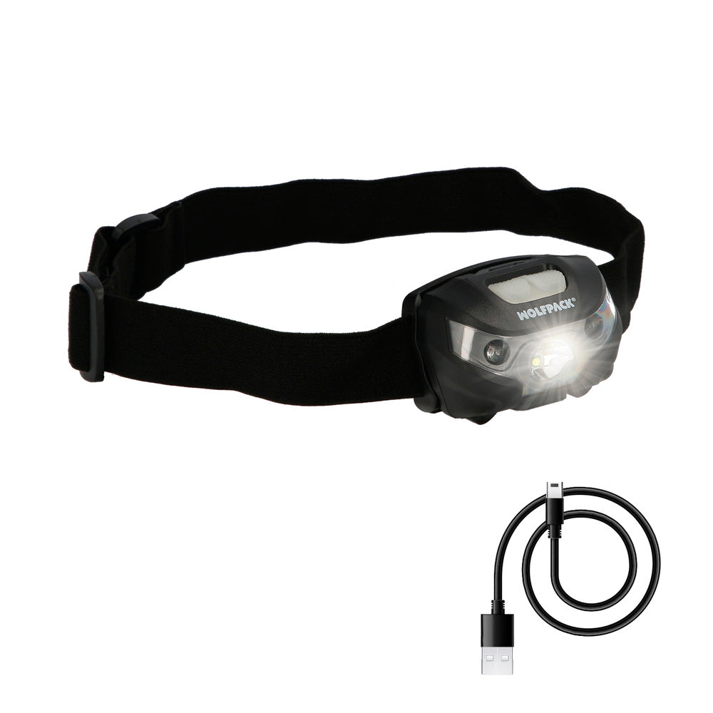 LED headlamp, lithium USB rechargeable. 3 light modes. 120 lum. On/off sensor.