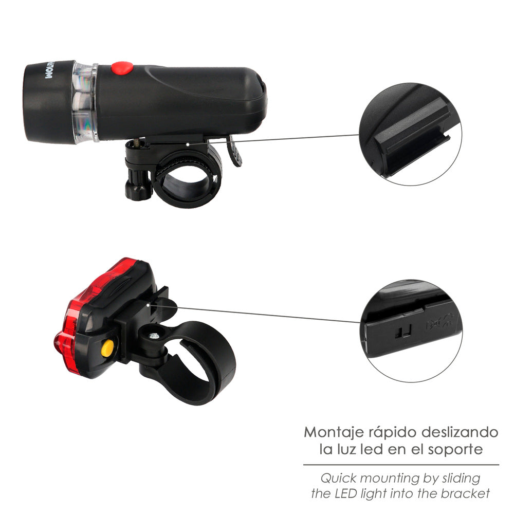 Kit de luzes LED dianteiras e traseiras para bicicleta/trotinete. Funcionamento a pilhas.