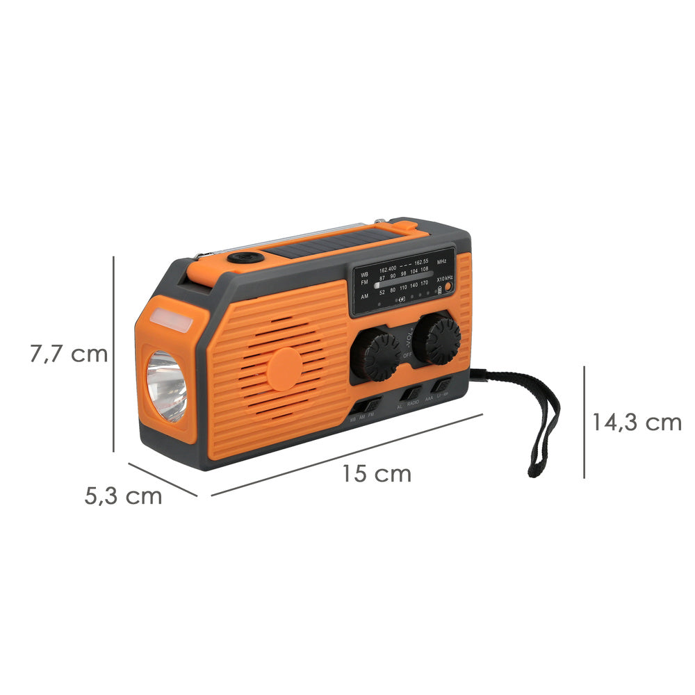 Solar emergency LED lantern with radio, with battery, manual dynamo charge