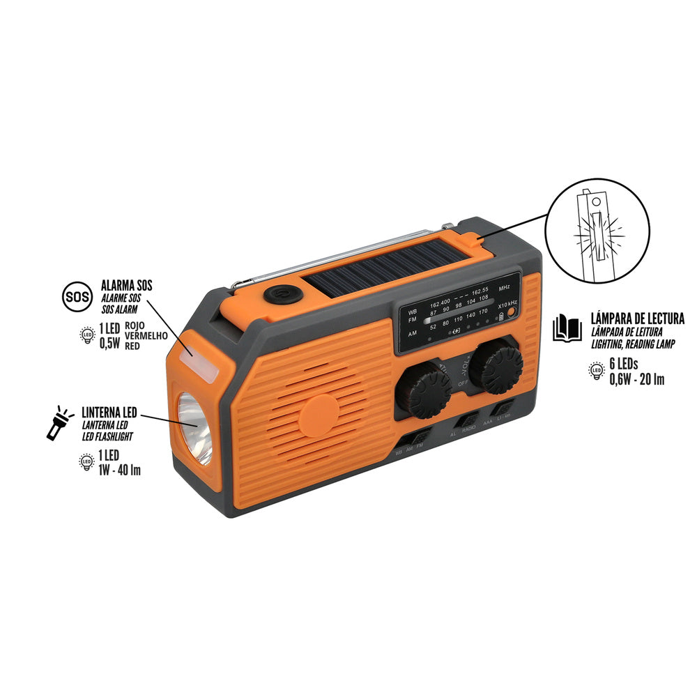 Solar emergency LED lantern with radio, with battery, manual dynamo charge