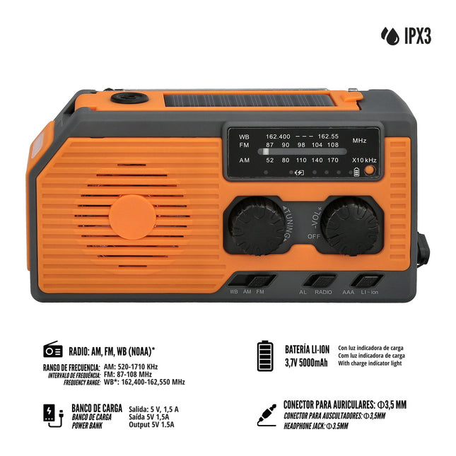 Linterna LED de emergencia solar con radio, con batería, carga manual dinamo