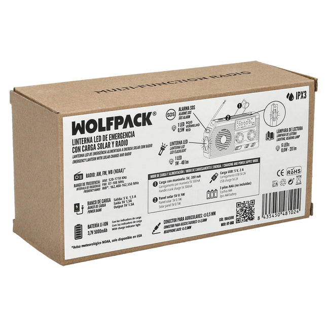 Linterna LED de emergencia solar con radio, con batería, carga manual dinamo