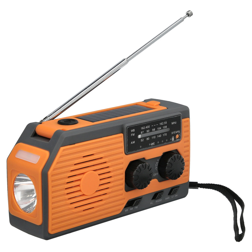Solar emergency LED lantern with radio, with battery, manual dynamo charge