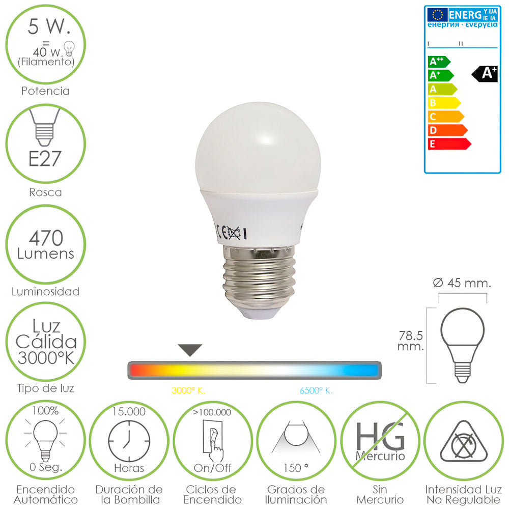 Bombilla led esférica e27 5 w. - 40 w. 470 lúmenes. Luz cálida (3.000 °k).