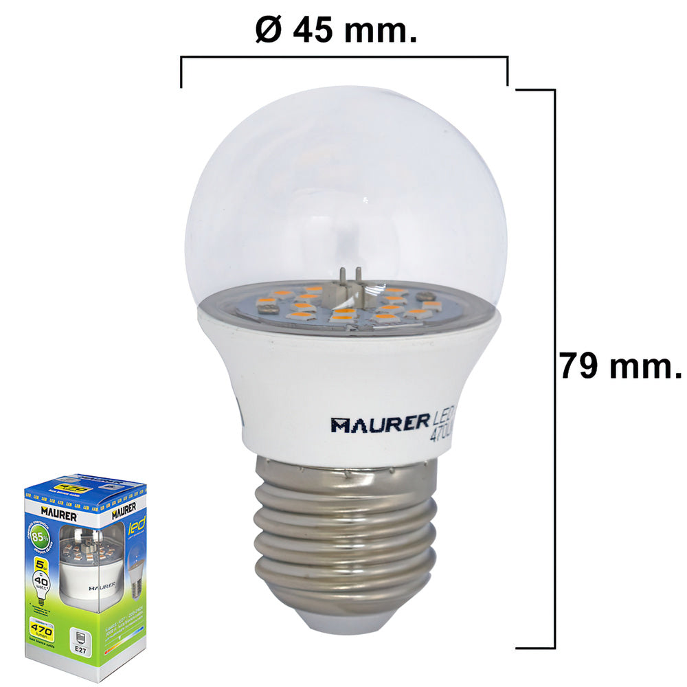 Bombilla LED esferica transparente rosca E27 5 w. 40 w. 470 lúmenes.luz calida. (3000°k)