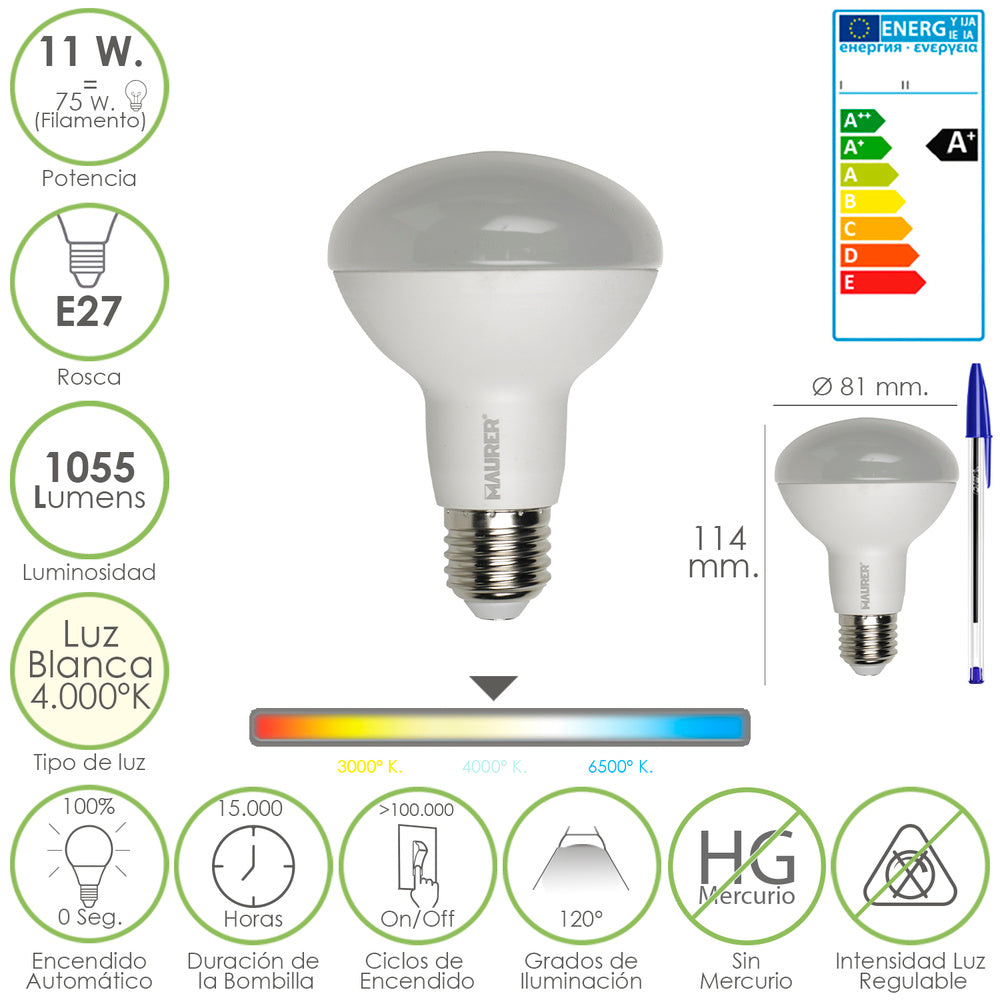 Bombilla led standar rosca e27 (gorda) 11 watt. Equivale a 75 watt. 1055 lúmenes. Luz blanca (4.000º k) a+