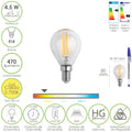 Lâmpada led filamento esférica casquilho e14. 4,5 watt. Equivalente a 40 watt. 470 lúmenes. Luz quente (2700º k.)