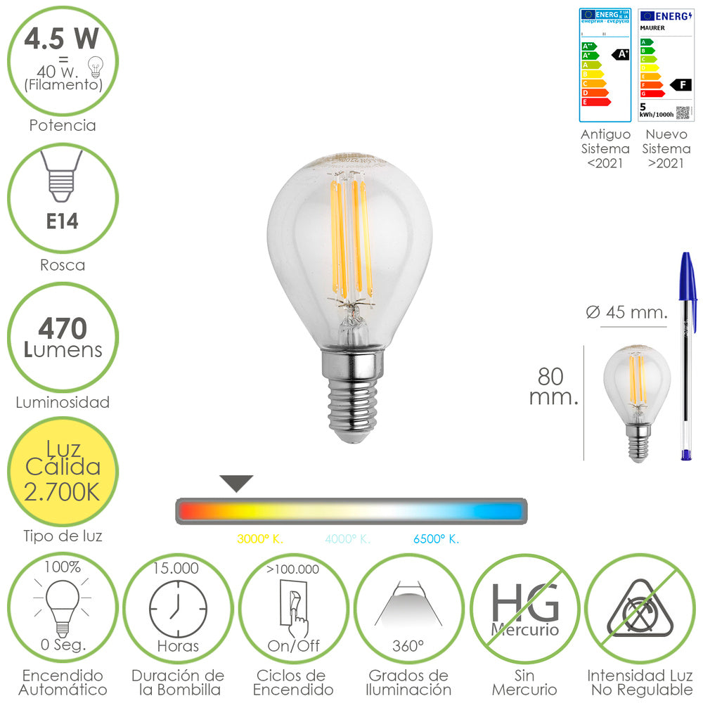 Bombilla led filamento esfera rosca e14. 4,5 watt. Equivale a 40 watt. 470 lumenes. Luz cálida (2700º k.)