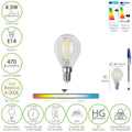 E14 filament LED sphere bulb. 4.5 watts. Equivalent to 35 watts. 470 lumens. Neutral light 4000K.