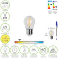 Lâmpada LED filamento esfera rosca E27. 4,5 watt. Equivalente a 35 watt. 470 lúmenes. Luz quente 2700º K.