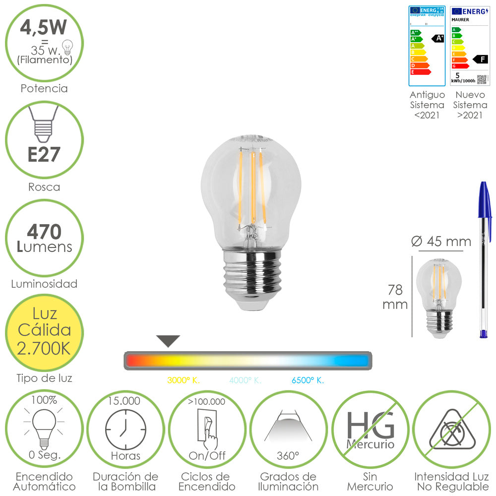 Lâmpada LED filamento esfera rosca E27. 4,5 watt. Equivalente a 35 watt. 470 lúmenes. Luz quente 2700º K.