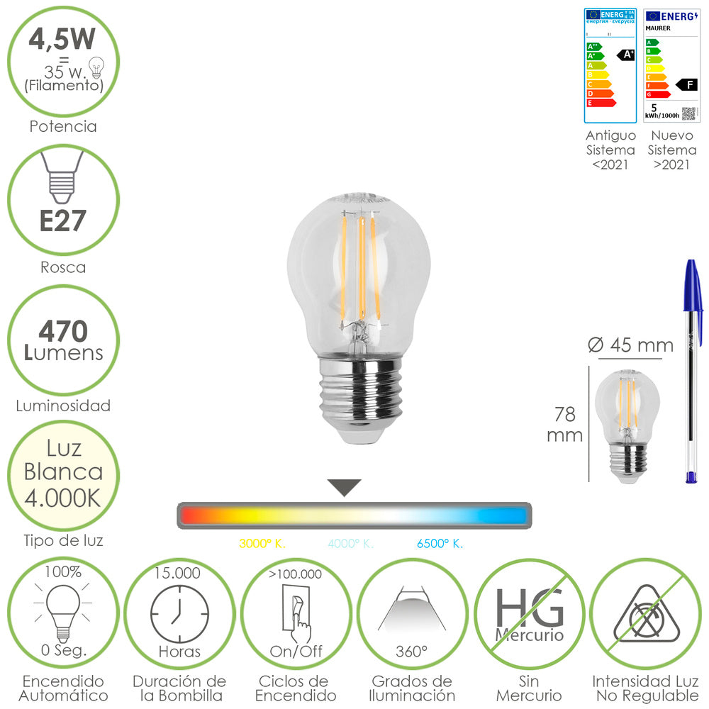 Lâmpada LED de filamento em forma de esfera, rosca E27. 4,5 watts. Equivalente a 35 watts. 470 lúmenes. Luz neutra 4000º K.