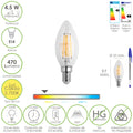 Lâmpada LED de filamento tipo vela casquilho E14. 4,5 watts. Equivale a 40 watts. 470 lúmens. Luz quente (2700º K).