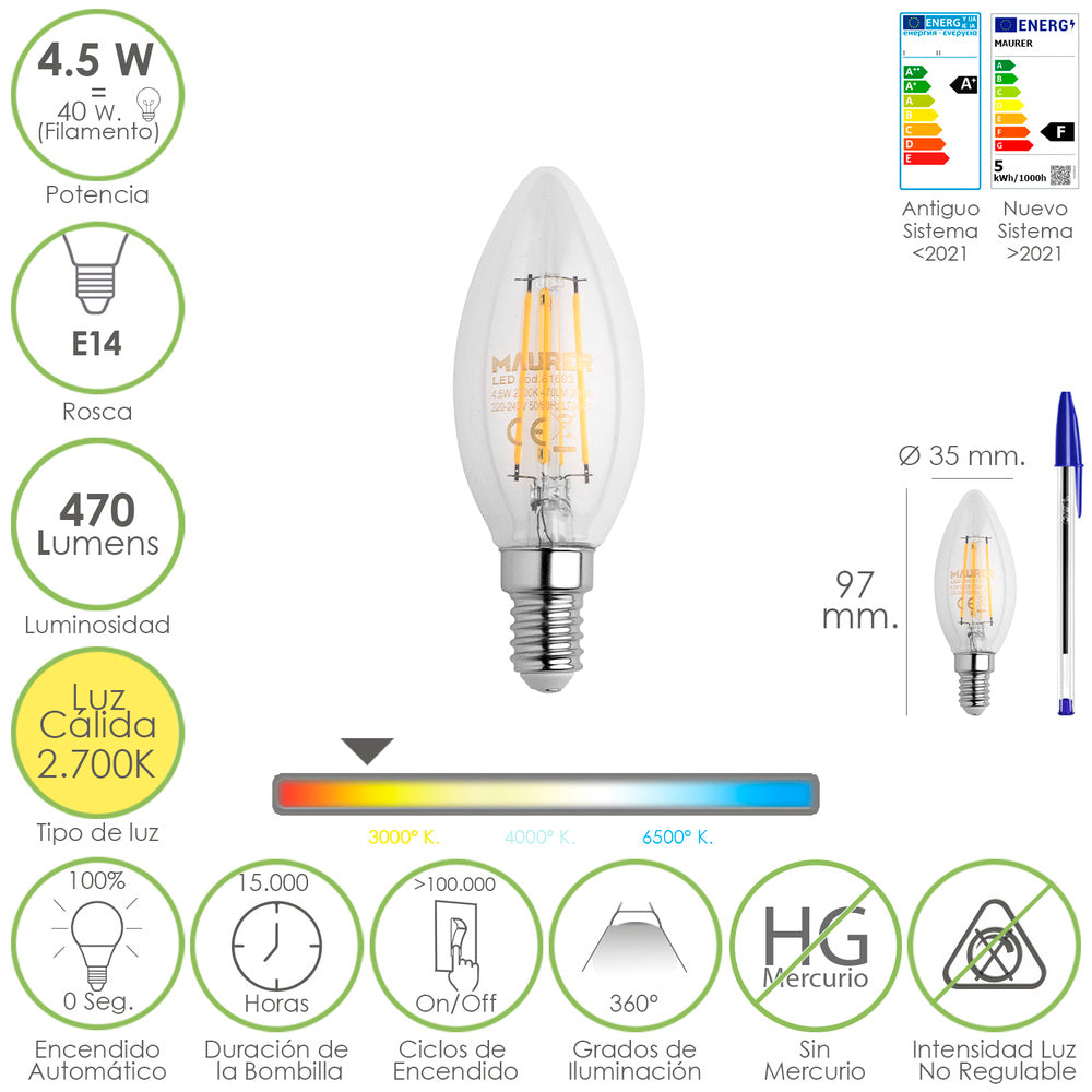 Bombilla led filamento vela rosca e14. 4,5 watt. Equivale a 40 watt. 470 lumenes. Luz cálida (2700º k.)