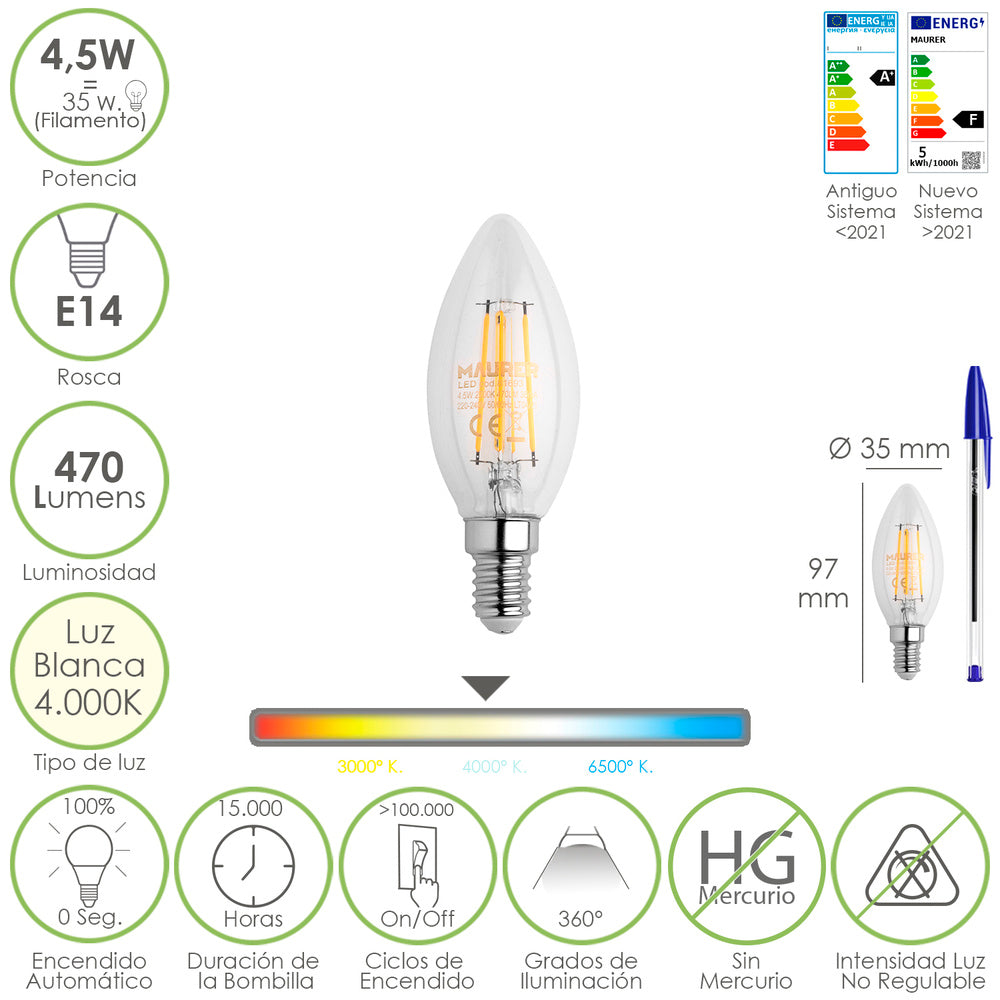 Lâmpada LED filamento vela casquilho E14. 4,5 watts. Equivalente a 35 watts. 470 lúmenes. Luz neutra 4000º K.