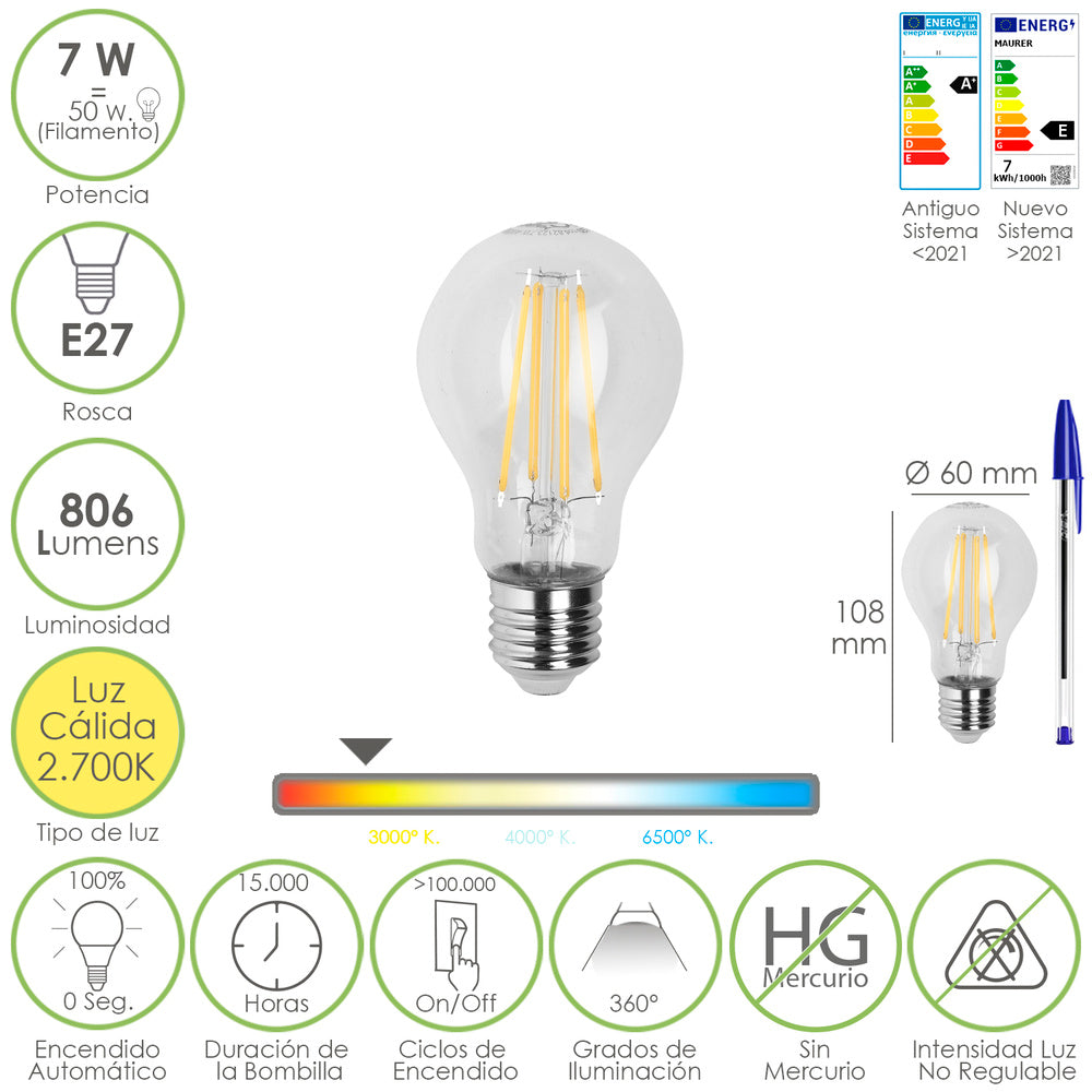 Lâmpada LED de filamento normal, casquilho E27. 7 Watt. Equivalente a 50 Watt. 806 lúmenes. Luz quente 2700º K.
