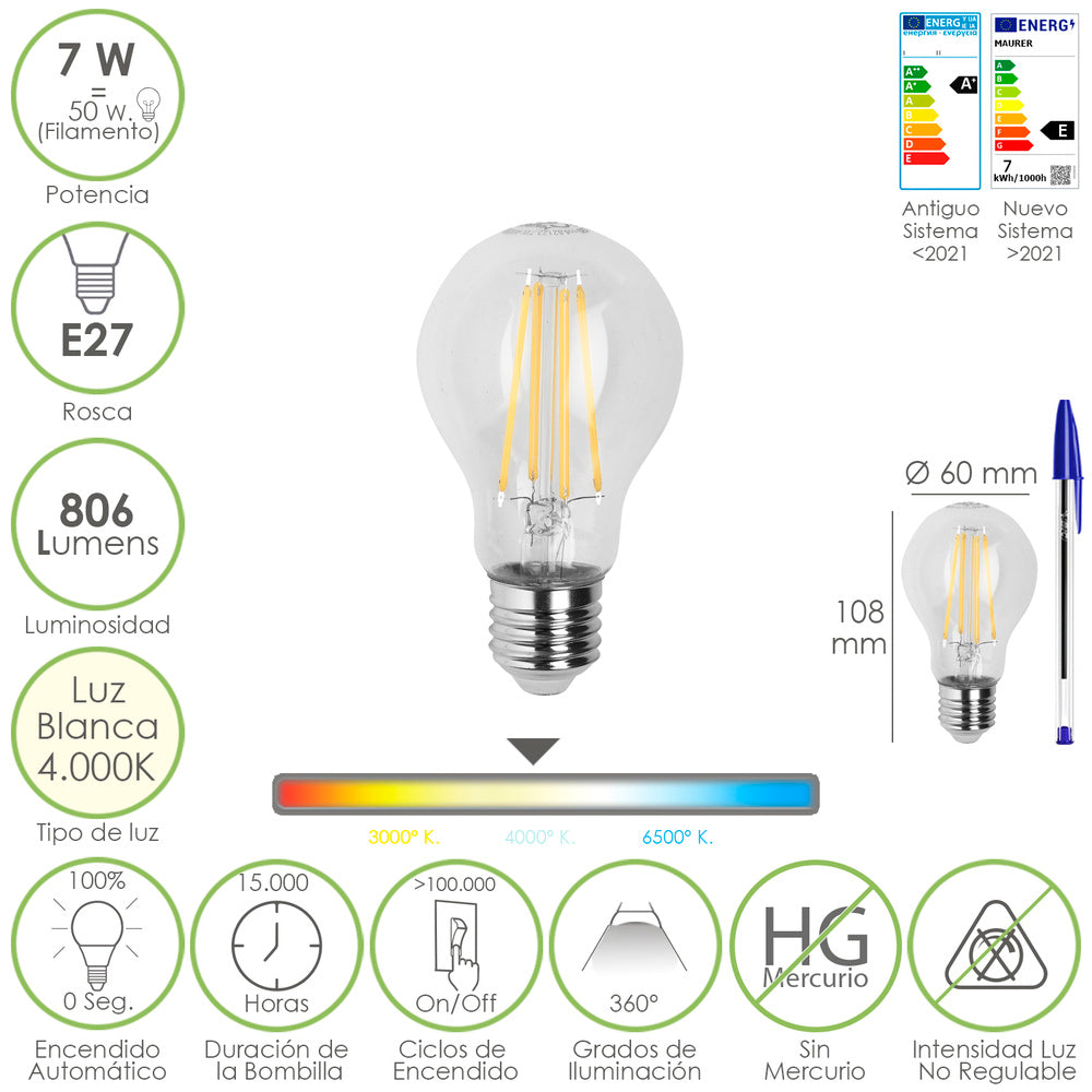 Lâmpada LED de filamento standard rosca E27. 7 watt. Equivale a 50 watt. 806 lúmenes. Luz neutra 4000º k.