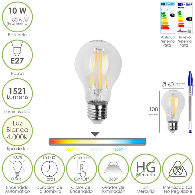 Bombilla Led Filamento Standar Rosca E27. 10 Watt. Equivale A 80 Watt. 1521 Lumenes. Luz Neutra 4000º K.