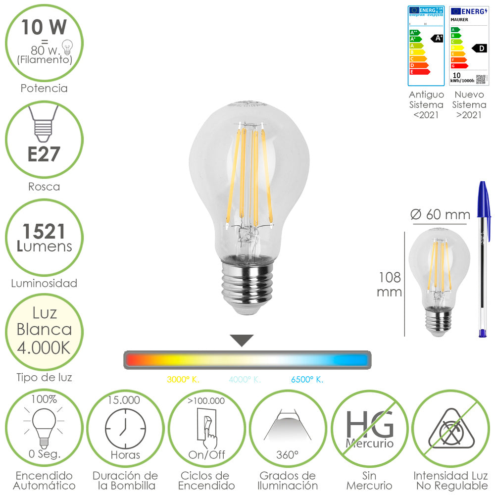 Lâmpada LED de filamento padrão rosca E27. 10 watt. Equivalente a 80 watt. 1521 lúmenes. Luz neutra 4000º K.