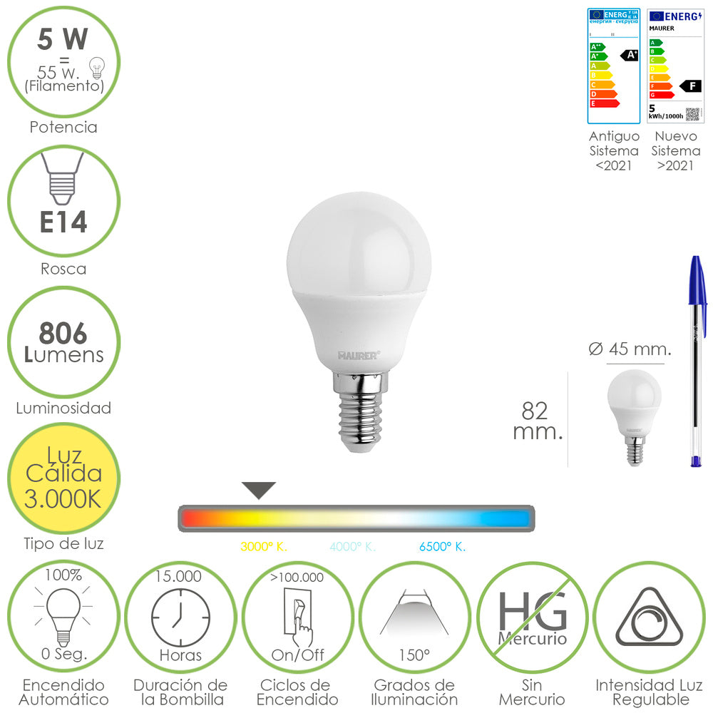 Bombilla led esferica rosca e14. 5 watt. Equivale a 55 watt. 806 lumenes. Regulable luz cálida (3000º k.)
