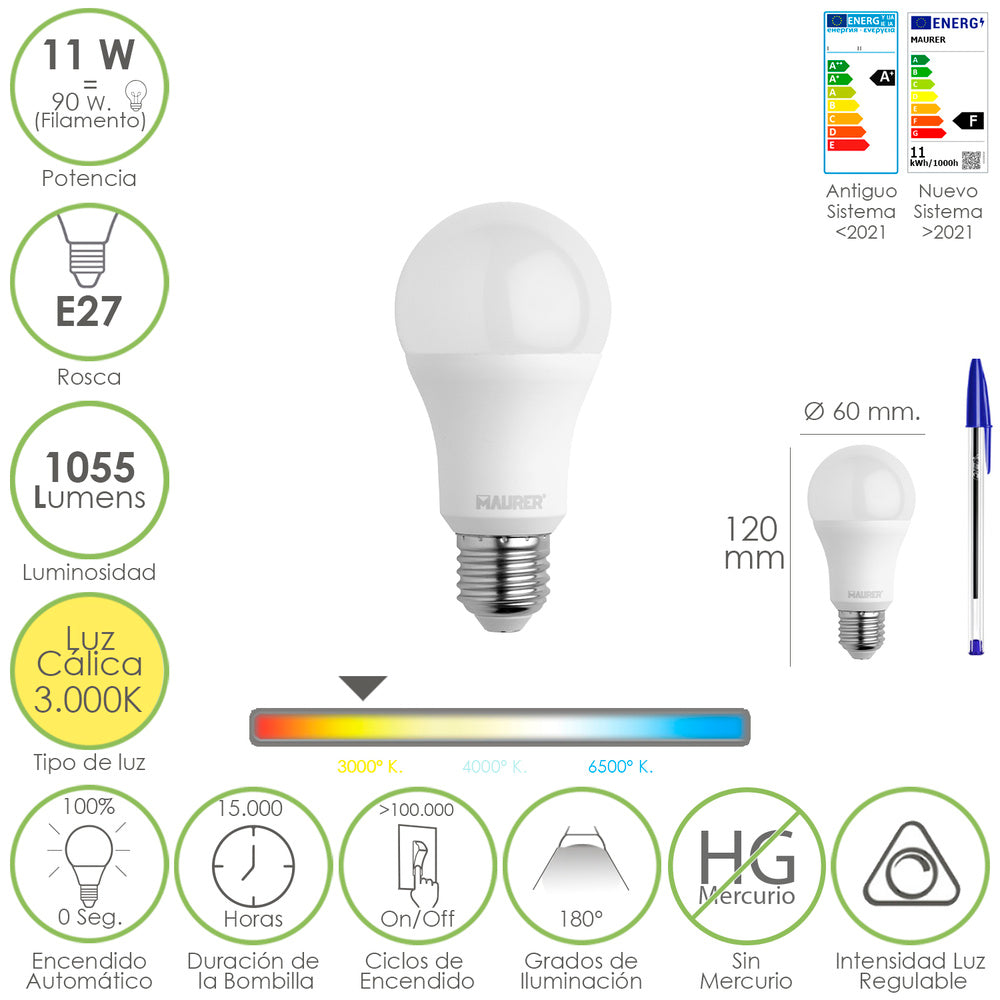 Bombilla led estandar rosca e27. 11 watt. Equivale a 90 watt. 1055 lumenes. Luz calida (3000º k.) Dimerable