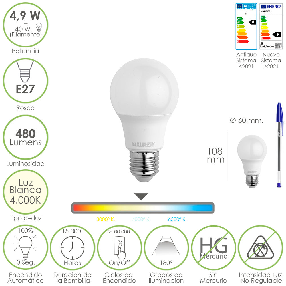 Bombilla led estandar rosca e27. 4.9 watt. Equivale a 40 watt. 480 lumenes. Luz blanca (4000º k.)