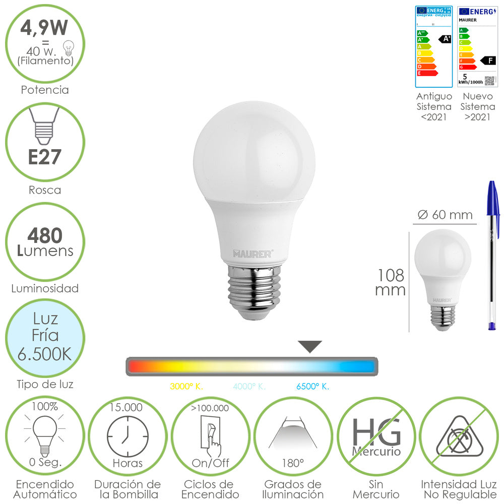 Lâmpada LED padrão rosca E27. 4.9 watt. Equivalente a 40 watt. 480 lúmenes. Luz fria (6500º k.)