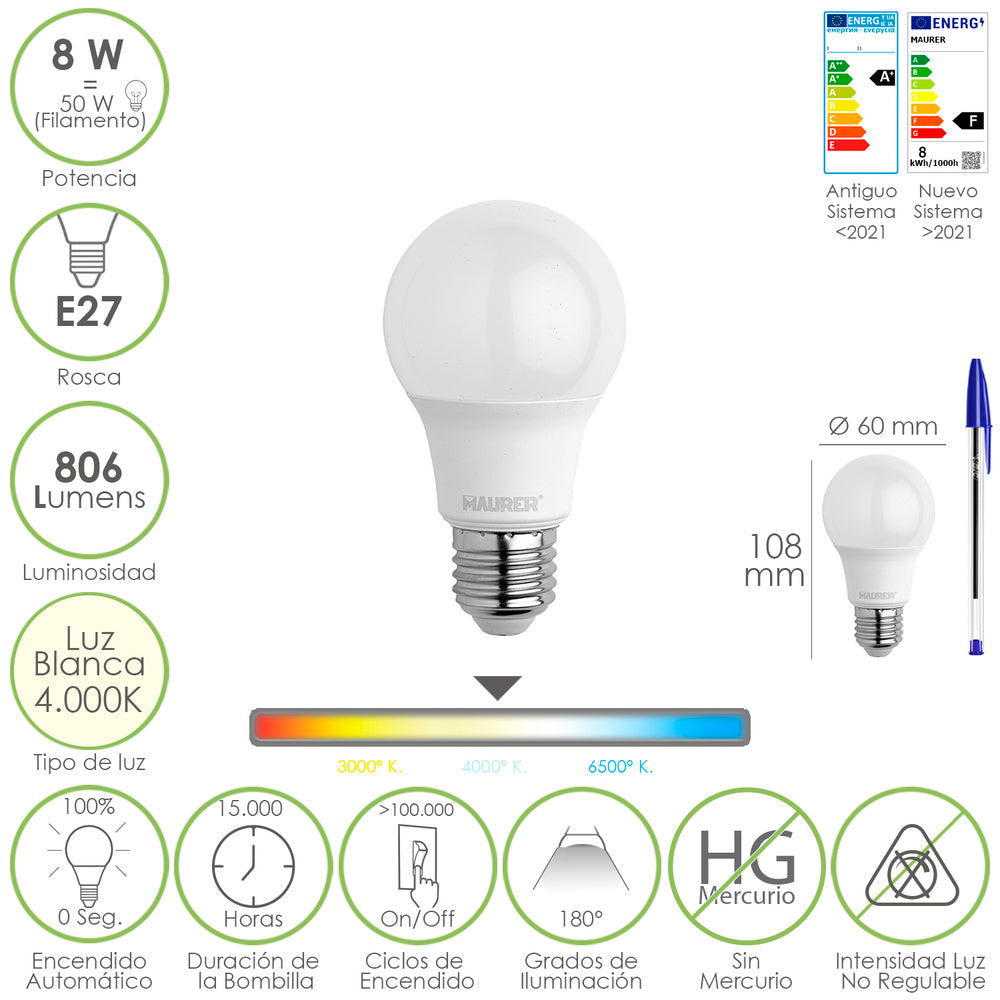 Bombilla led estándar rosca e27. 8 watt. Equivale a 65 watt. 806 lúmenes. Luz neutra (4000º k.)
