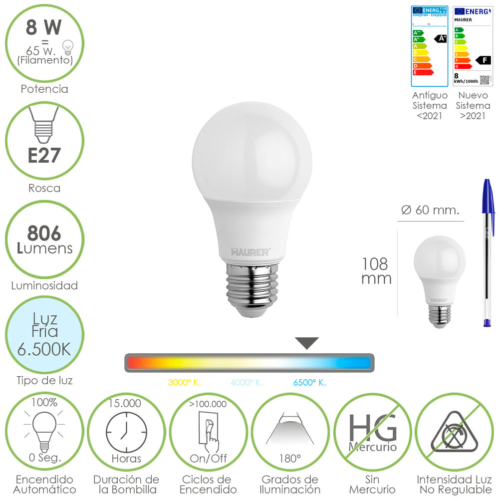 Bombilla led estandar rosca e27. 8 watt. Equivale a 65 watt. 806 lumenes. Luz fría (6500º k.)
