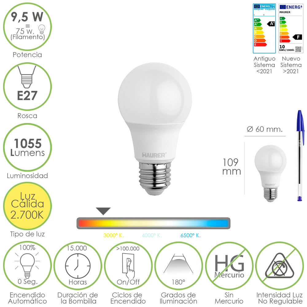 Bombilla led estandar rosca e27. 9.5 watt. Equivale a 75 watt. 1055 lumenes. Luz cálida (2700º k)
