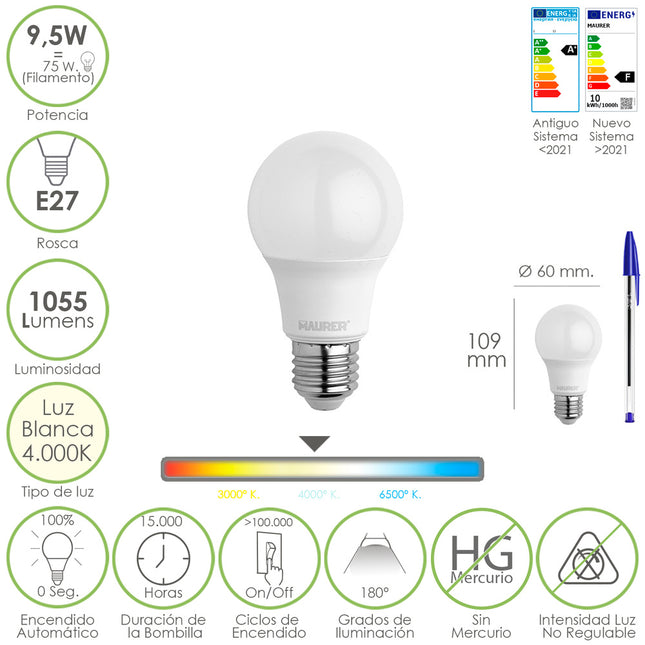 Bombilla Led Estandar Rosca E27. 9.5 Watt. Equivale A 75 Watt. 1055 Lumenes. Luz Neutra (4000º K.)