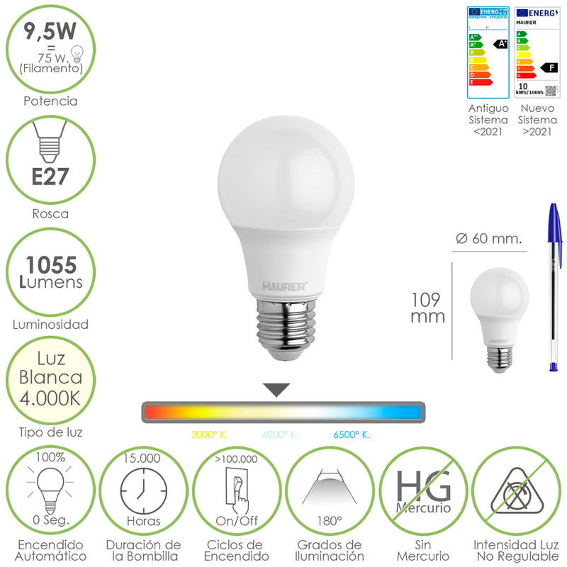 Bombilla Led Estandar Rosca E27. 9.5 Watt. Equivale A 75 Watt. 1055 Lumenes. Luz Neutra (4000º K.)