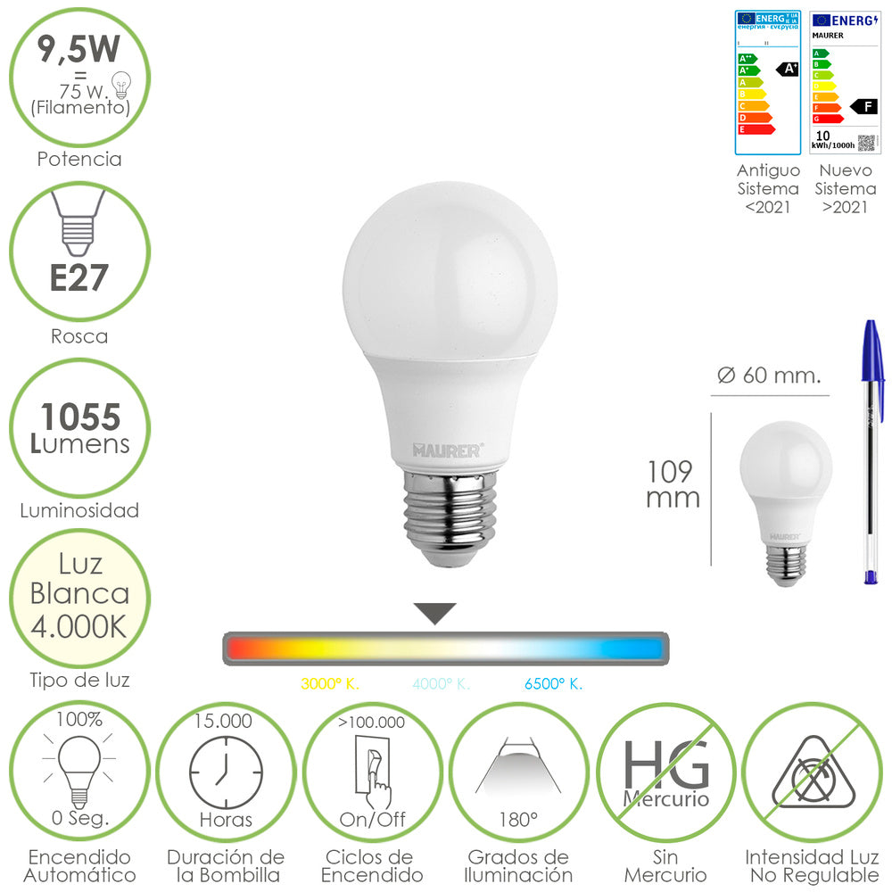 Standard E27 LED bulb. 9.5 watts. Equivalent to 75 watts. 1055 lumens. Neutral light (4000K).