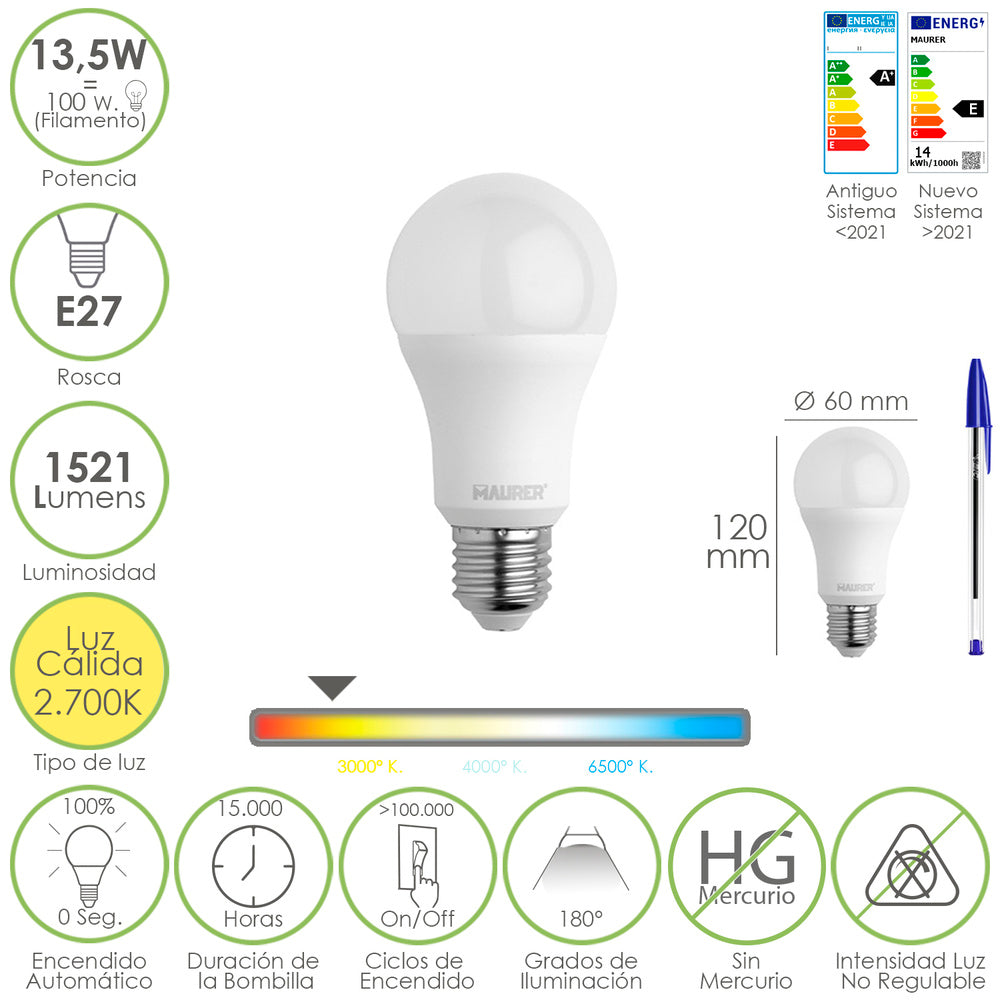 Bombilla led estándar rosca e27. 13,5 watt. Equivale a 100 watt. 1521 lúmenes. Luz cálida (3000º k.)