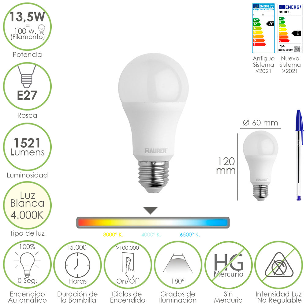 Bombilla led estándar rosca e27. 13,5 watt. Equivale a 100 watt. 1521 lúmenes. Luz neutra (4000º k.)