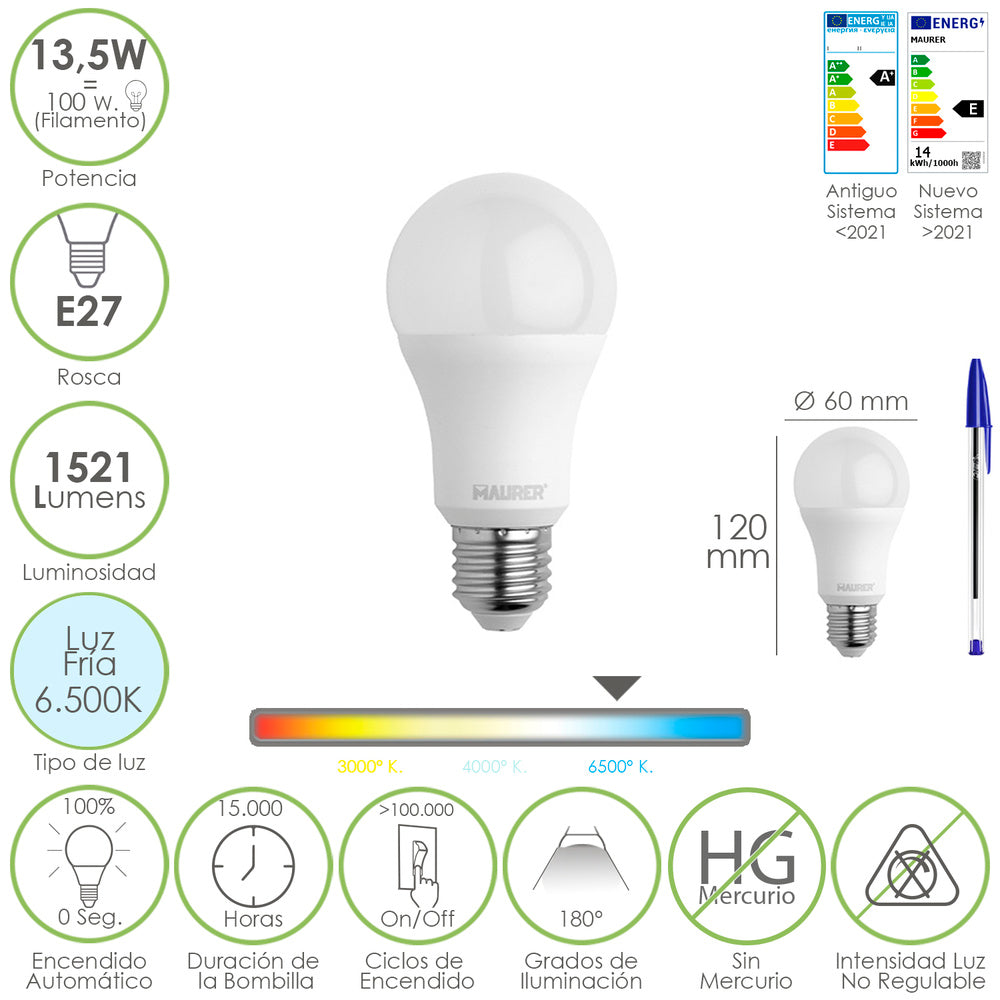 Bombilla led estándar rosca e27. 13,5 watt. Equivale a 100 watt. 1521 lúmenes. Luz fría (6500º k.)