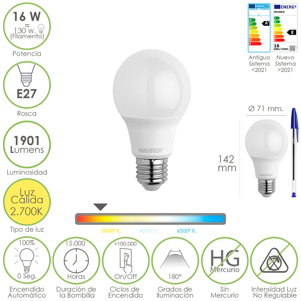 Standard LED bulb E27 screw. 16 watt. Equivalent to 130 watt. 1901 lumens. Warm light 2,700º k.