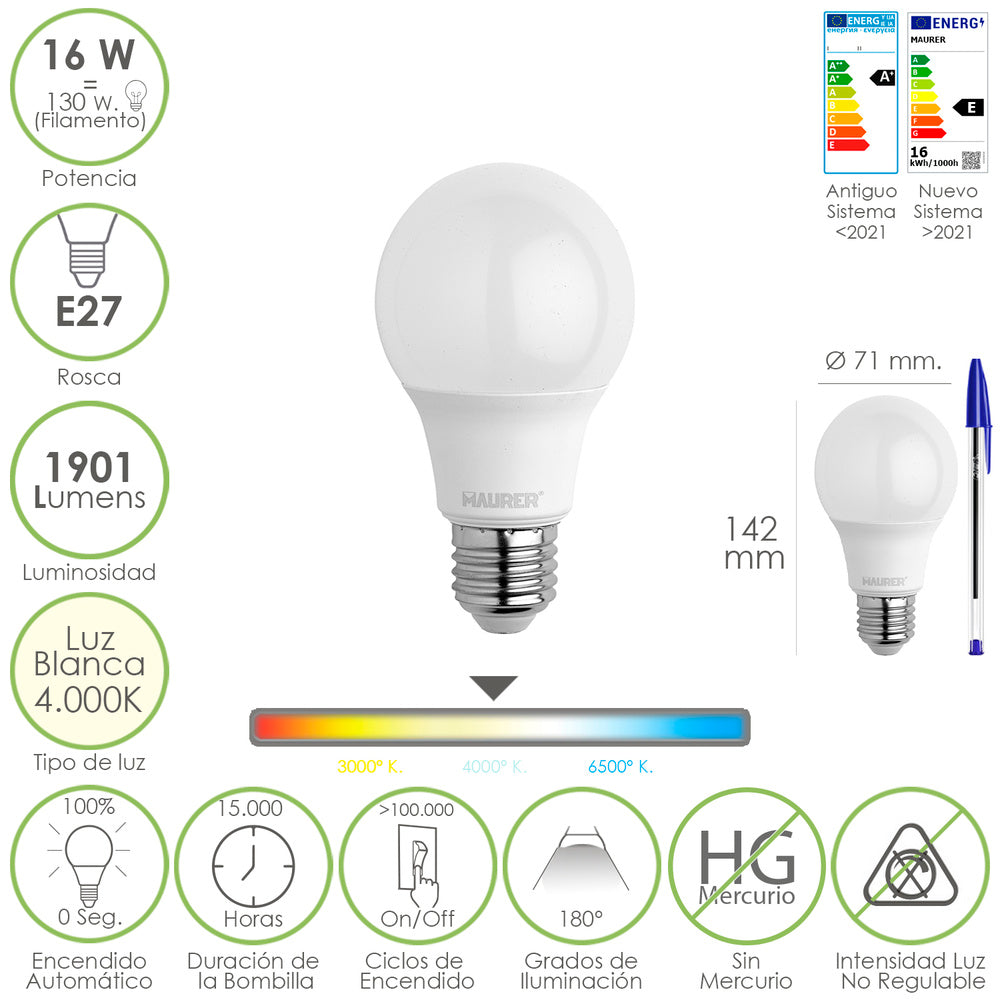 Bombilla led estandar rosca e27. 16 watt. Equivale a 130 watt. 1901 lumenes. Luz blanca 4000º k.)