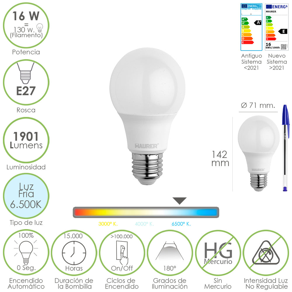 Bombilla led estandar rosca e27. 16 watt. Equivale a 130 watt. 1901 lumenes. Luz fría 6500º k.)