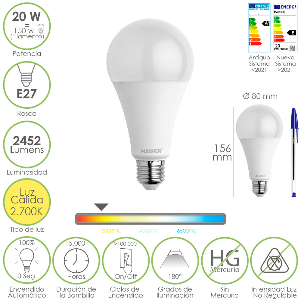 Bombilla led estándar rosca e27. 20  watt. Equivale a 150 watt. 2452 lúmenes. Luz cálida (3000º k.)
