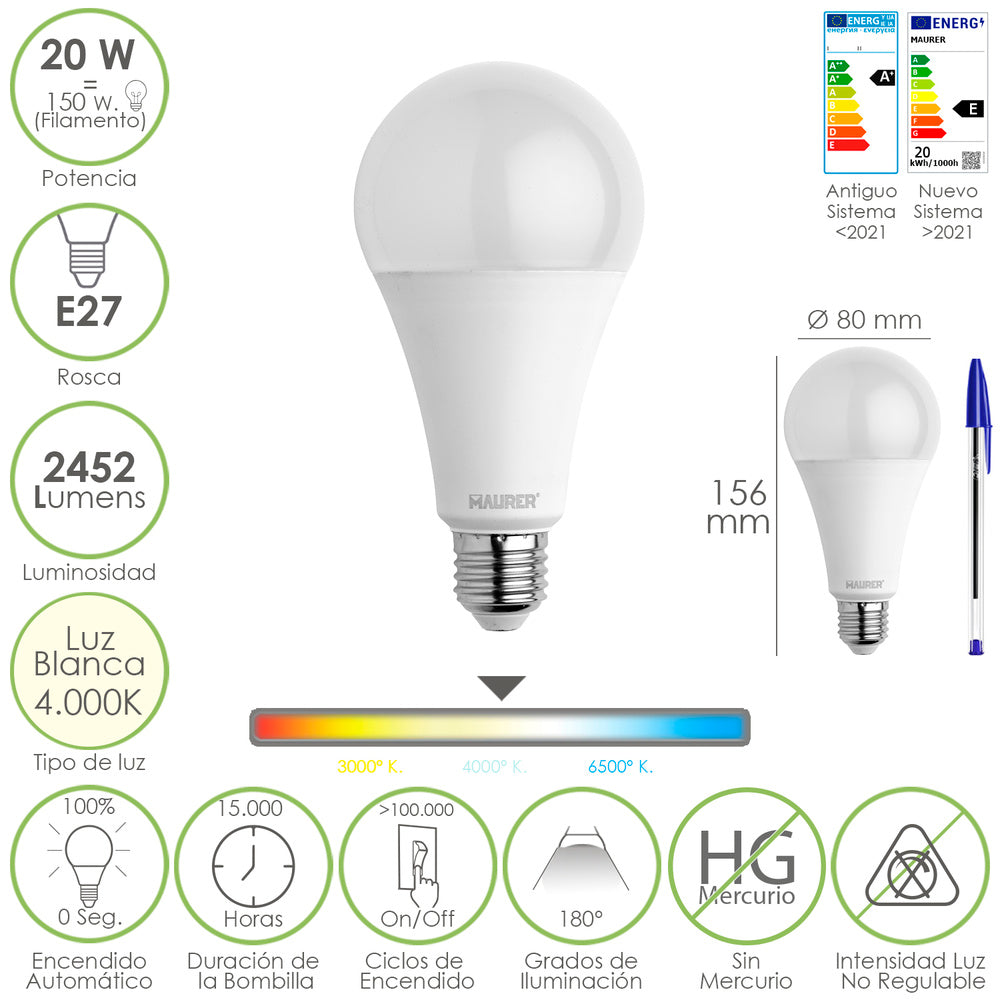 Bombilla led estándar rosca e27. 20  watt. Equivale a 150 watt. 2452 lúmenes. Luz neutra (4000º k.)