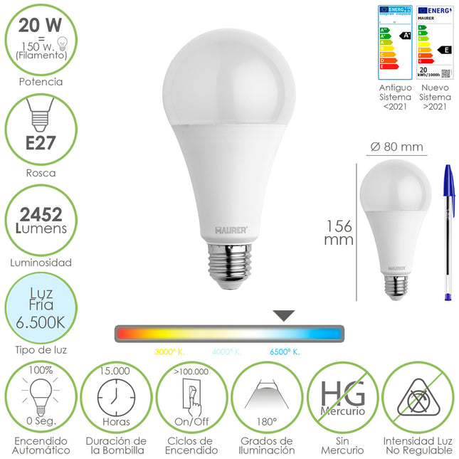 Bombilla Led Estandar Rosca E27. 20  Watt. Equivale A 150 Watt. 2452 Lumenes. Luz Fria (6500º K.)