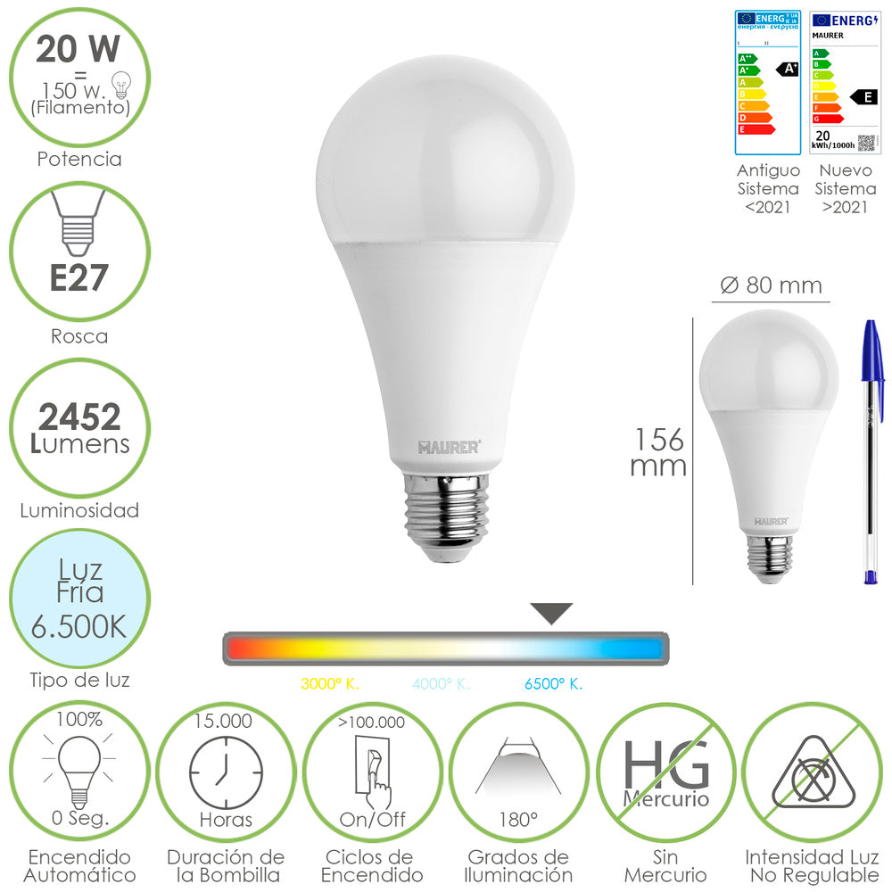 Lâmpada LED padrão, casquilho E27. 20 watt. Equivalente a 150 watt. 2452 lúmenes. Luz fria (6500º K).
