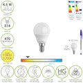 Lâmpada LED esférica rosca E14 4.5 watt. Equivale a 35 watt. 470 lúmens. Luz quente (00º k)
