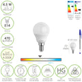 Lâmpada LED esférica rosca E14 4,5 watt. Equivalente a 35 watt. 470 lúmens. Luz neutra (4000º k)