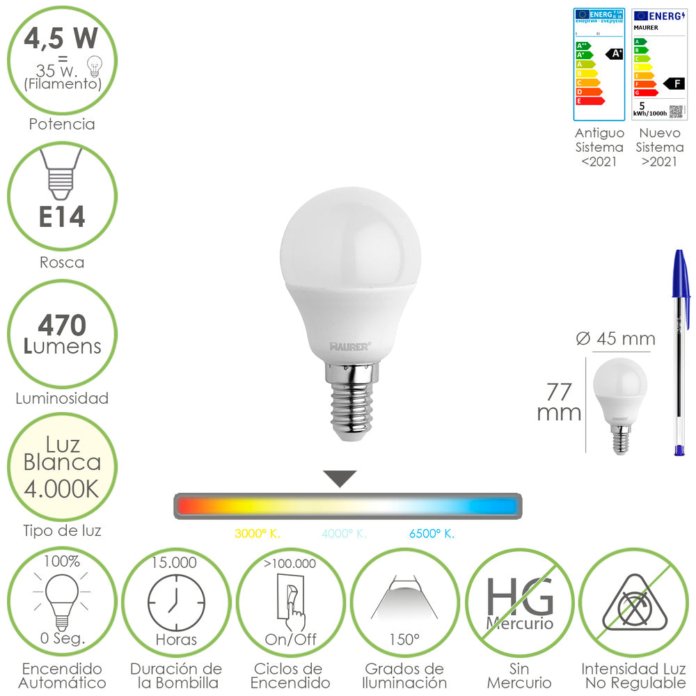Bombilla led esférica rosca e14 4.5 watt. Equivale a 35 watt. 470 lúmenes. Luz neutra (4000º k)