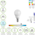 Lâmpada LED esférica, rosca E14, 4.5 watts. Equivalente a 35 watts. 470 lúmenes. Luz fria (6500º K)