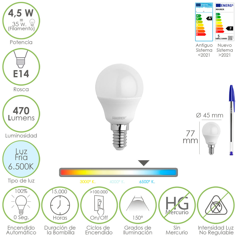 Bombilla led esférica rosca e14 4.5 watt. Equivale a 35 watt. 470 lúmenes. Luz fría (6500º k)