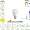 Lâmpada LED esférica, rosca E27, 4.5 watts. Equivalente a 55 watts. 470 lúmenes. Luz quente (2700º k.)